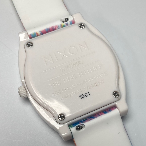 Nixon white Time Teller watch, paint splatter color silicone strap, new battery